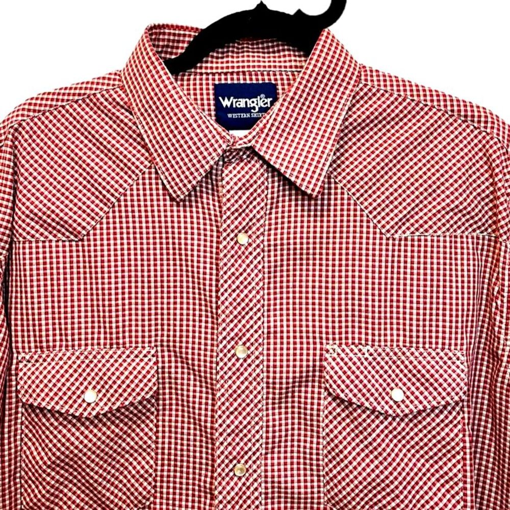 Vintage Wrangler Red Gingham Pearl Snap Western Shirt | Men's XL 17x35 - Picture 5 of 10